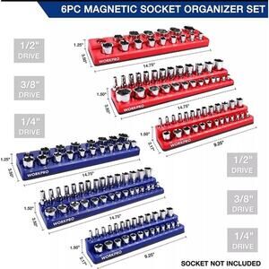 WORKPRO Magnetic Socket Organizer 6-PACK Set 1/4'' 3/8'' 1/2'' Dr Metric SAE